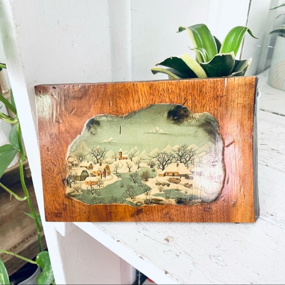 Vintage Wood Plaque with Green and Brown Winter Village Scene